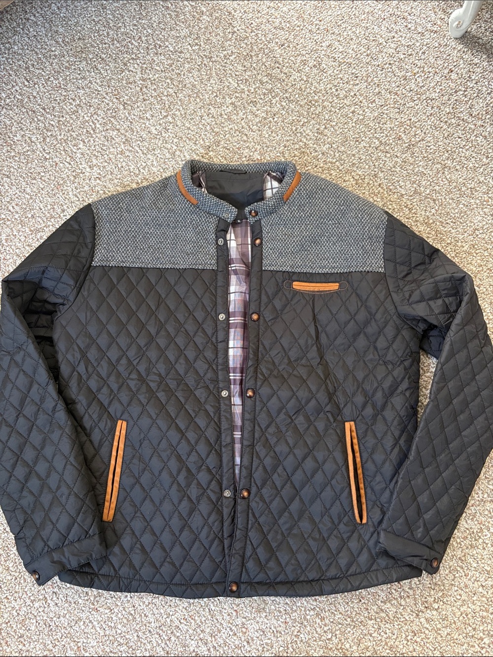Men's Black Quilted Puffer Jacket with Brown Trim